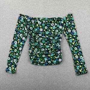 AFRM Top Womens L Green Teal Floral Mesh Maeve Ruched Off Shoulder Long Sleeve